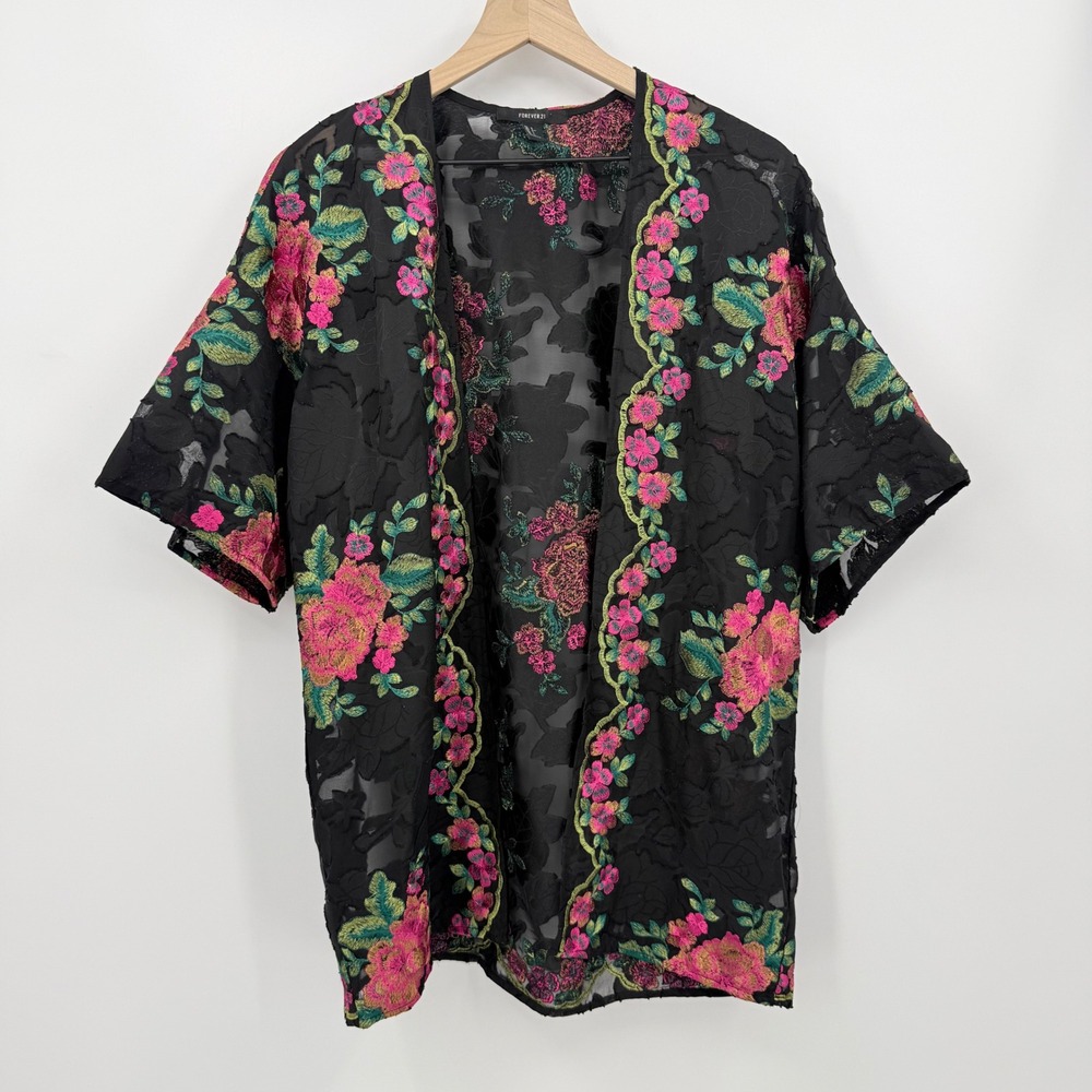 Forever 21 Floral Embroidered Sheer Kimono S Boho Festival Whimsigoth Edgy Black